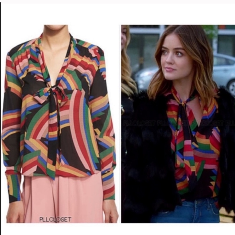 Alice + Olivia “Aisha” rainbow tie neck blouse M